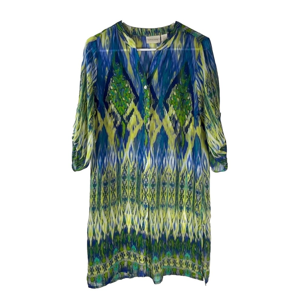 Chicos Green Blue Dye Tunic Sz 0 S Boho Sheer Top